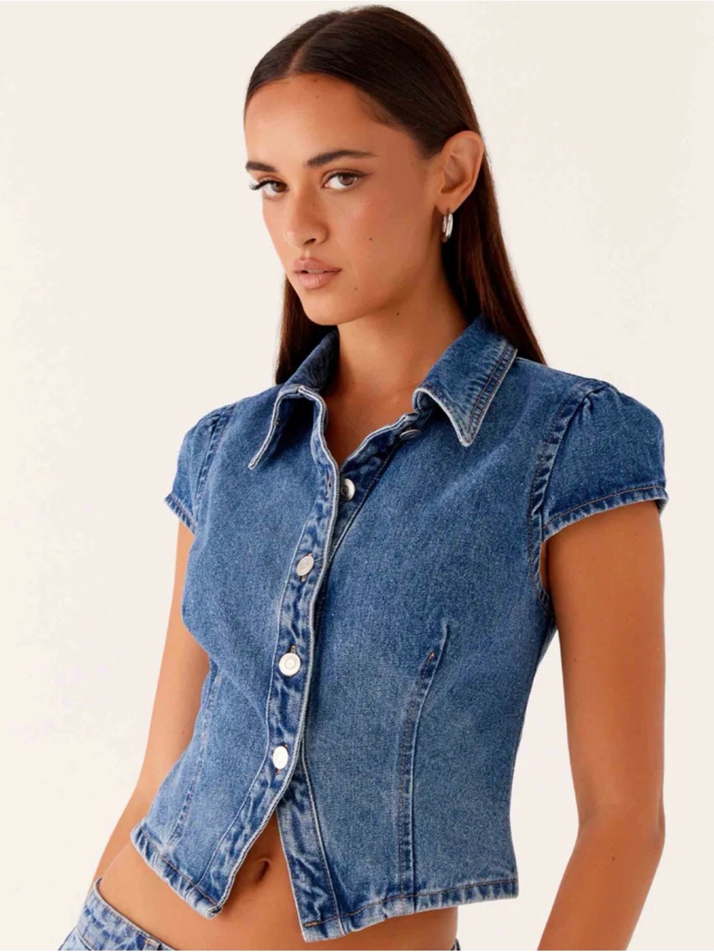 Peppermayo Blue Denim Button-Up Cap Sleeve Top